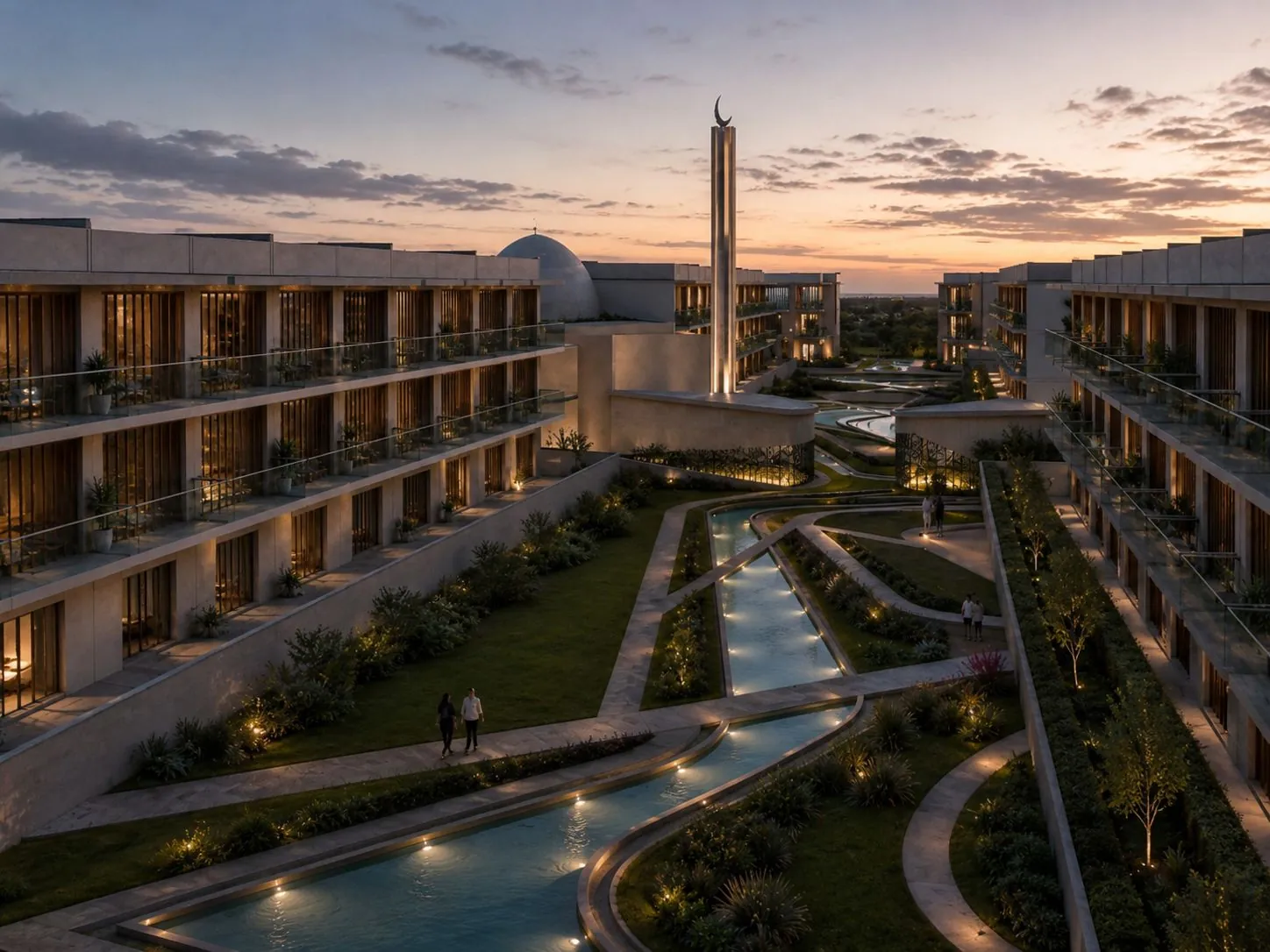 AFM Township courtyard walkway at sunset